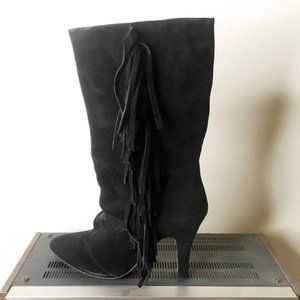 Black Genuine Suede Fringed Boots